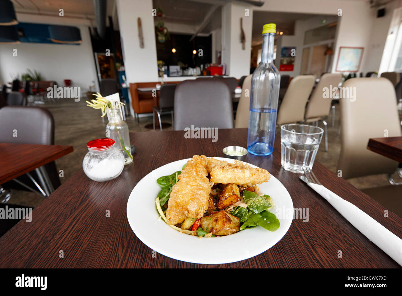 isländische Fish &amp; Chips Restaurant gebratener Steinbeißer mit knusprigen Kartoffeln und Salat Reykjavik Island Stockfoto