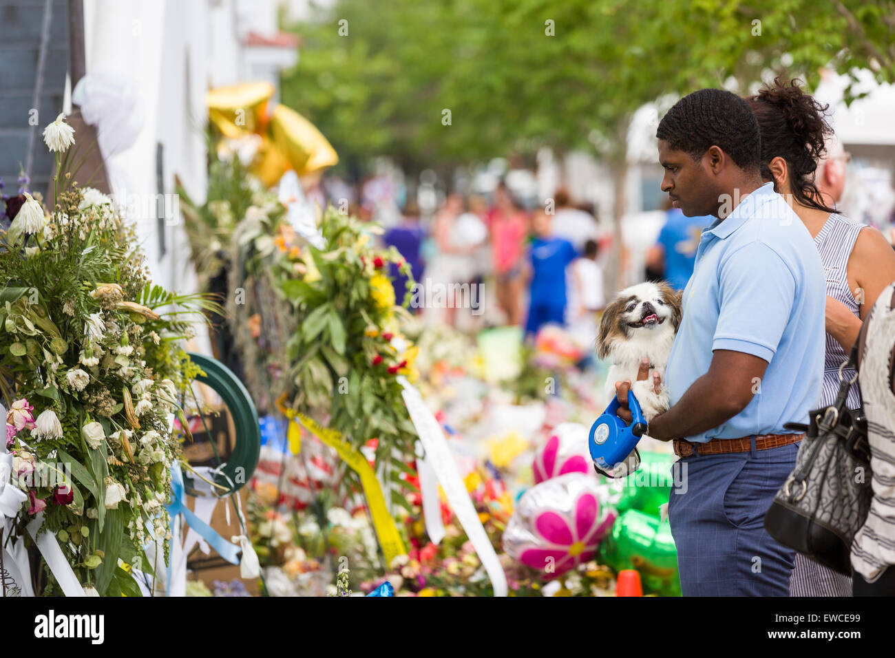 Die Stadt weiterhin als Blumen trauern und Zeichen schmücken eine provisorische Gedenkstätte außerhalb der historischen Mutter Emanuel African Methodist Episcopal Church 22. Juni 2015 in Charleston, South Carolina. Neun Menschen getötet durch weißes Supremacist, Dylann Sturm Dach am vergangenen Mittwoch in der Kirche. Stockfoto