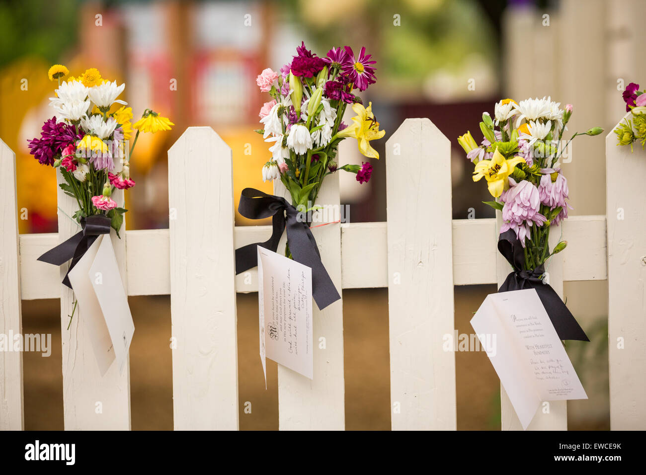 Die Stadt weiterhin als Blumen trauern und Zeichen schmücken eine provisorische Gedenkstätte außerhalb der historischen Mutter Emanuel African Methodist Episcopal Church 22. Juni 2015 in Charleston, South Carolina. Neun Menschen getötet durch weißes Supremacist, Dylann Sturm Dach am vergangenen Mittwoch in der Kirche. Stockfoto