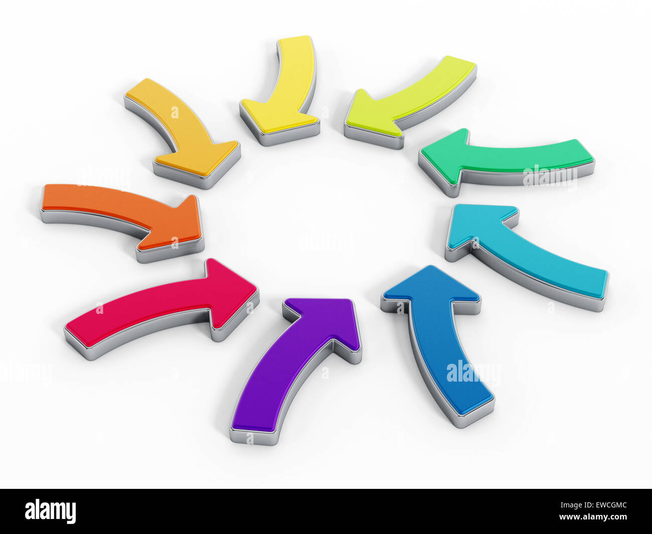 Multi farbige Pfeil-Zeichen bilden die Form eines Kreises, die isoliert auf weißem Hintergrund. Stockfoto