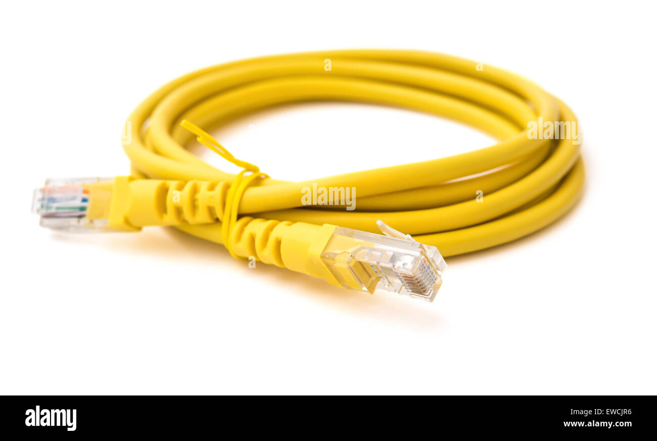 Seite anzeigen, die gelben RJ45 Computernetzwerk Anschlusskabel auf weiß mit Beschneidungspfad Stockfoto