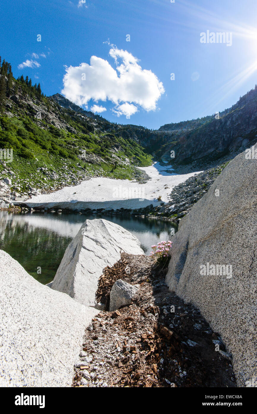 Ein Blick auf Gletscher in der Nähe der verbotenen Seen, hoch in der Dreiheit-Alpen-Wildnis Stockfoto