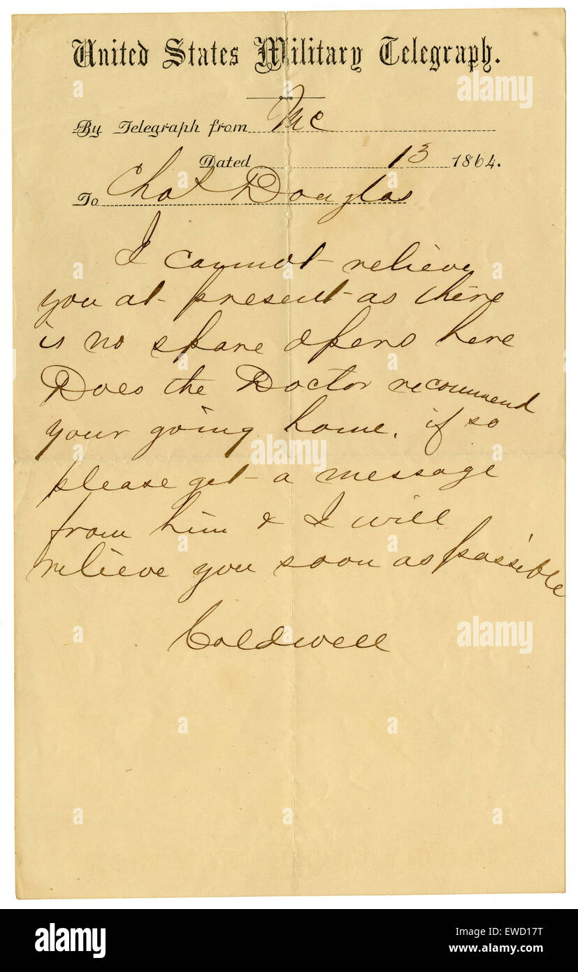 Antike 1864 Vereinigten Staaten militärische Telegraph Kommunikation, Caldwell unterzeichnet. Stockfoto