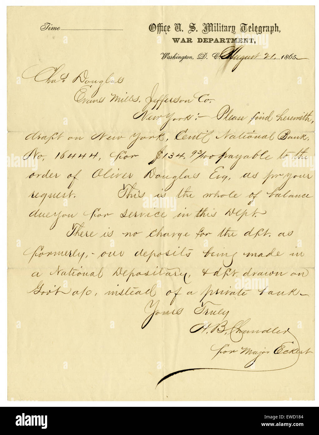 Antike August 1865 Vereinigte Staaten militärische Telegraph Kommunikation bezüglich Zahlung für juristische Dienstleistungen, unterzeichnet H.B Chandler für Major Eckert. Stockfoto