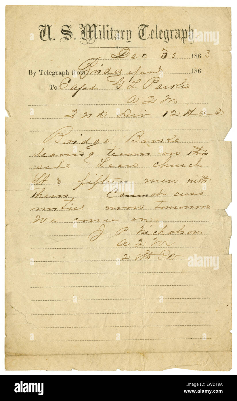 Antike Dezember 1863 Vereinigte Staaten militärische Telegraph Kommunikation. Stockfoto