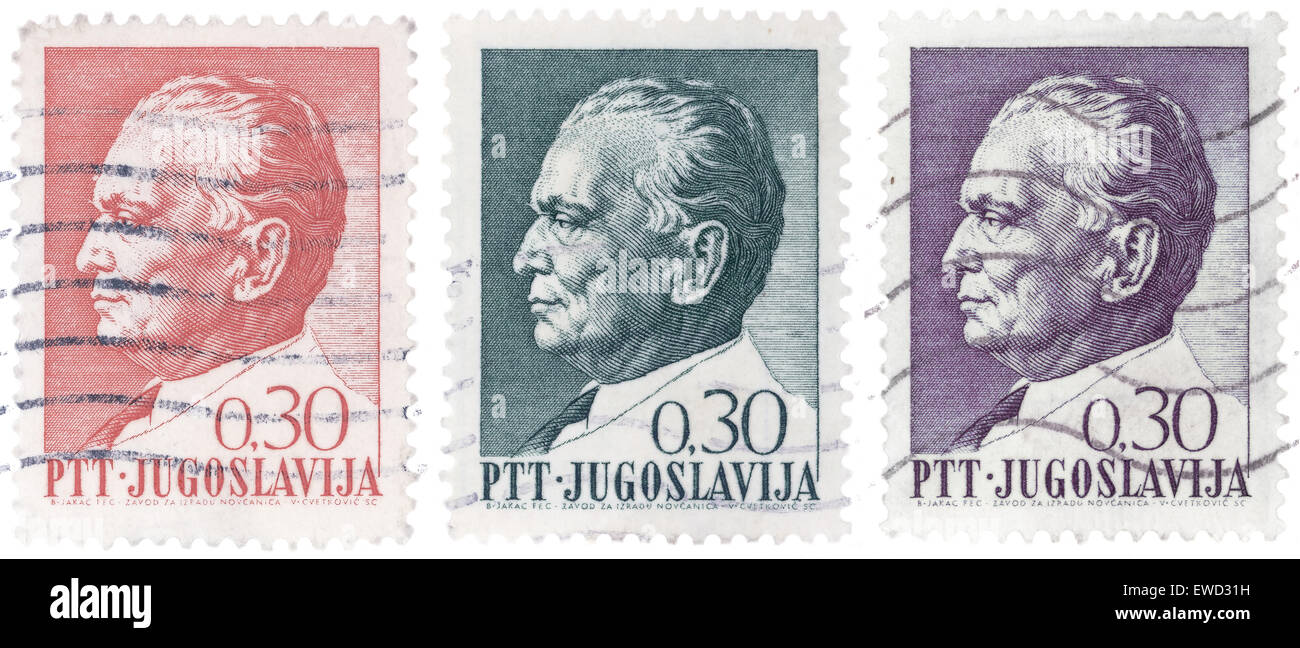 Drei verschiedene Vintage Briefmarken von Josip Broz Tito, ehemalige jugoslawische kommunistische revolutionäre Diktator Stockfoto