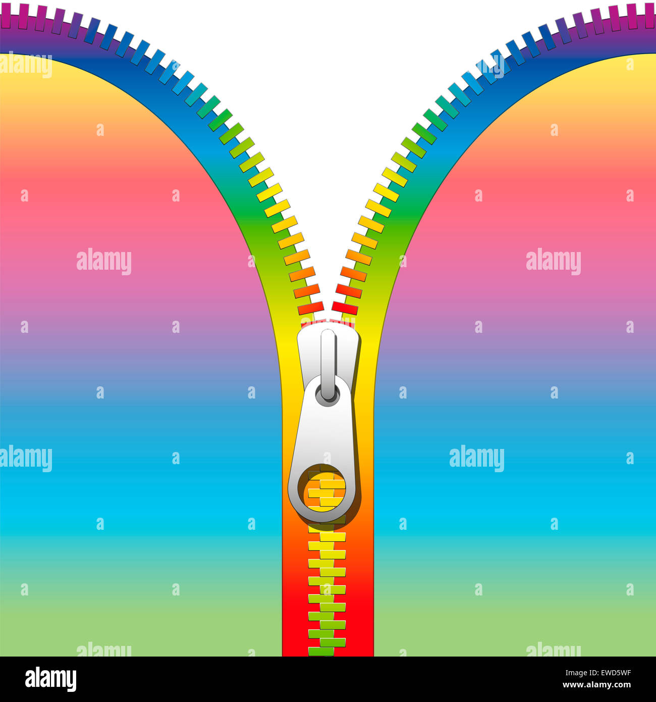 Reißverschluss - halbauf - Regenbogen Verlaufsfarben - Abbildung auf weißem Hintergrund. Stockfoto