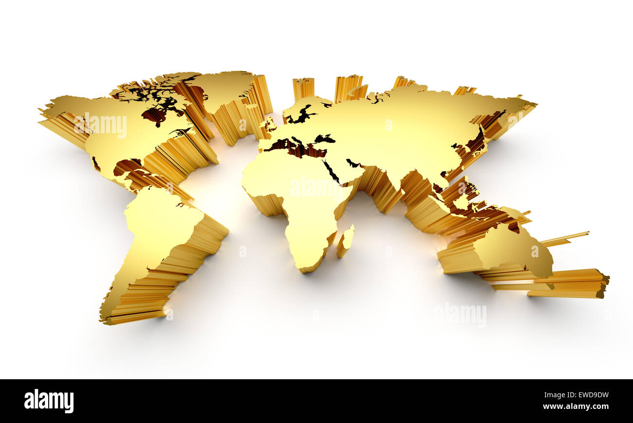 Gold Weltkarte mit hochgezogenen Kanten isoliert auf weiss Stockfoto