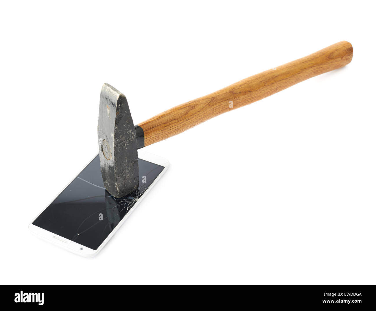 Krachend ein Smartphone-Bildschirm mit einem hammer Stockfoto