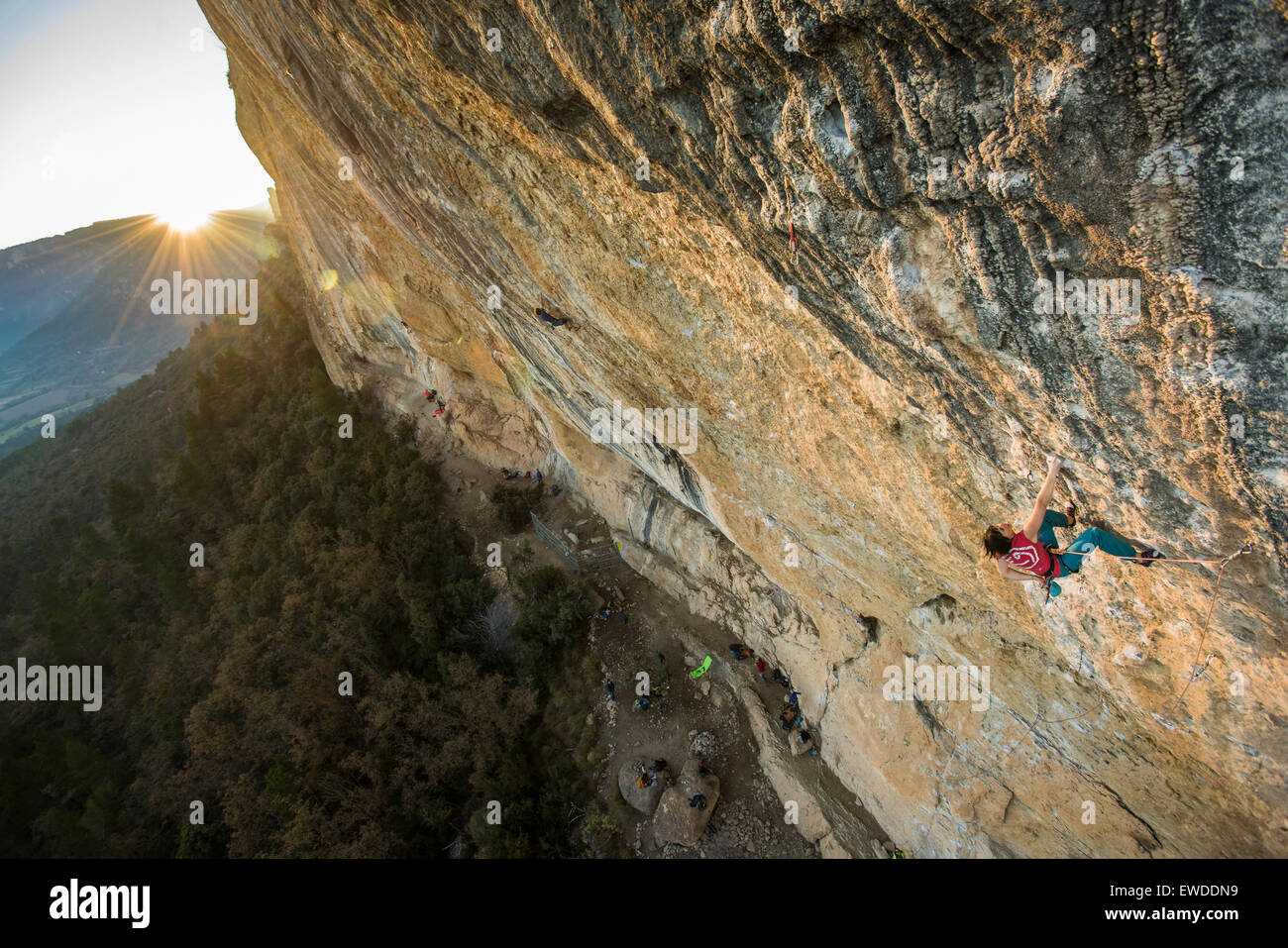 Profi-Bergsteiger Barbara Raudner Klettern El Gran Blau 8 b + / C in Oliana, Spanien. Stockfoto