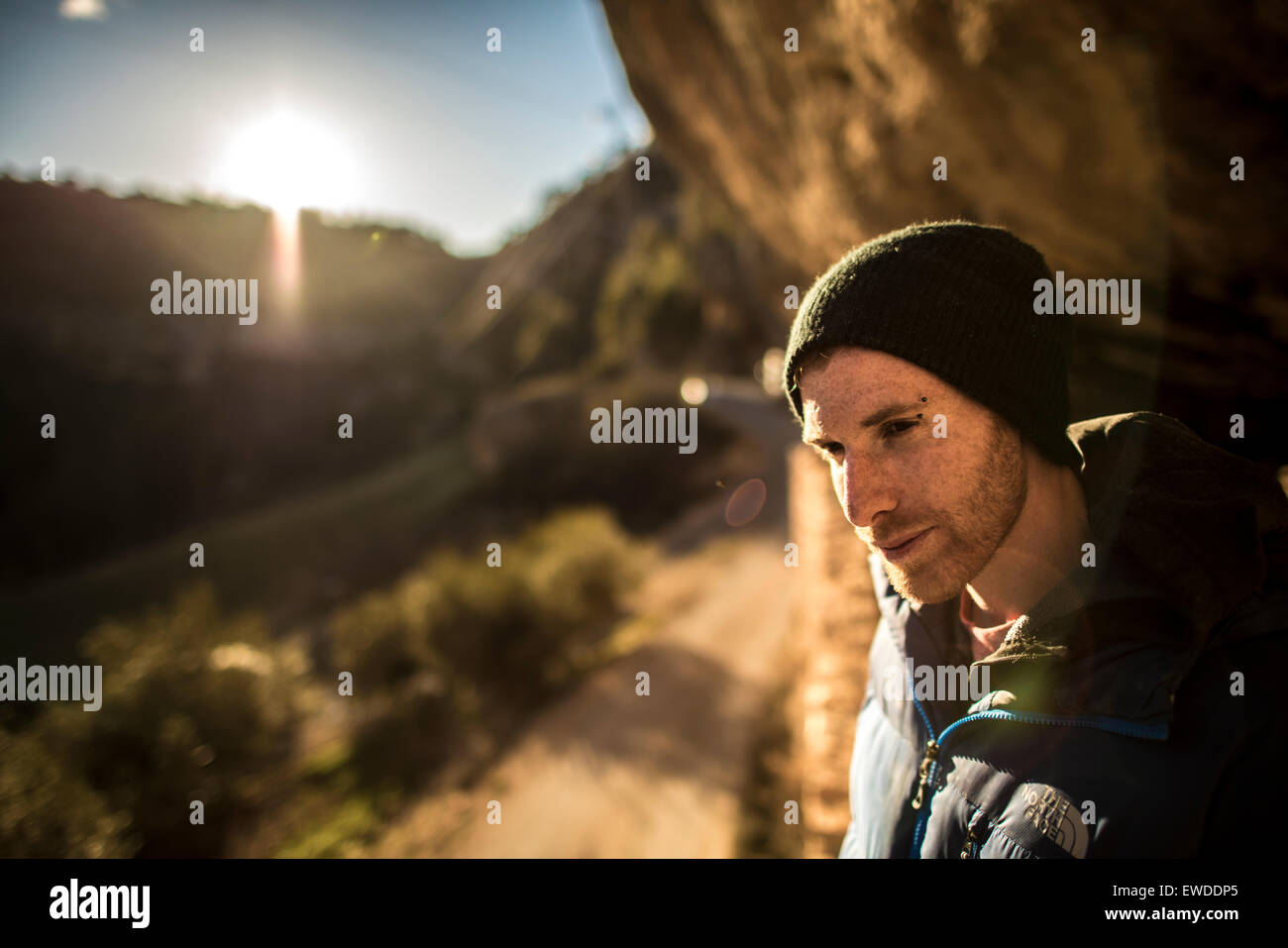 Porträt des italienischen Kletterprofi Gabriele Moroni in Margalef, Spanien. Stockfoto