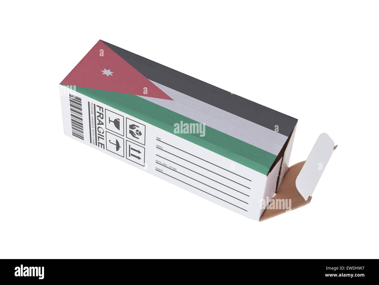 Konzept der export, öffnete Papier Box - Produkt von Jordanien Stockfoto