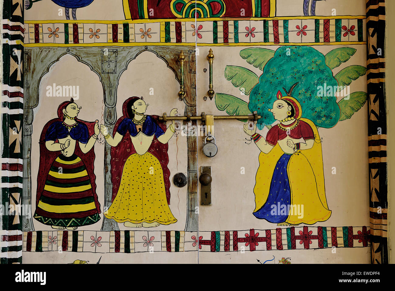 Bemalte Wand Jawahar Kala Kendra, Multi Art Center, Jaipur, Rajasthan, Indien Stockfoto