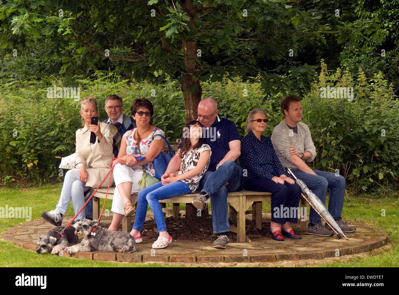 Gruppe von Menschen (& 2 Hunde) sitzen auf einer Bank unter einem Baum gerade eine lokale Sommer Community Parade, Frensham, Surrey, UK. Stockfoto