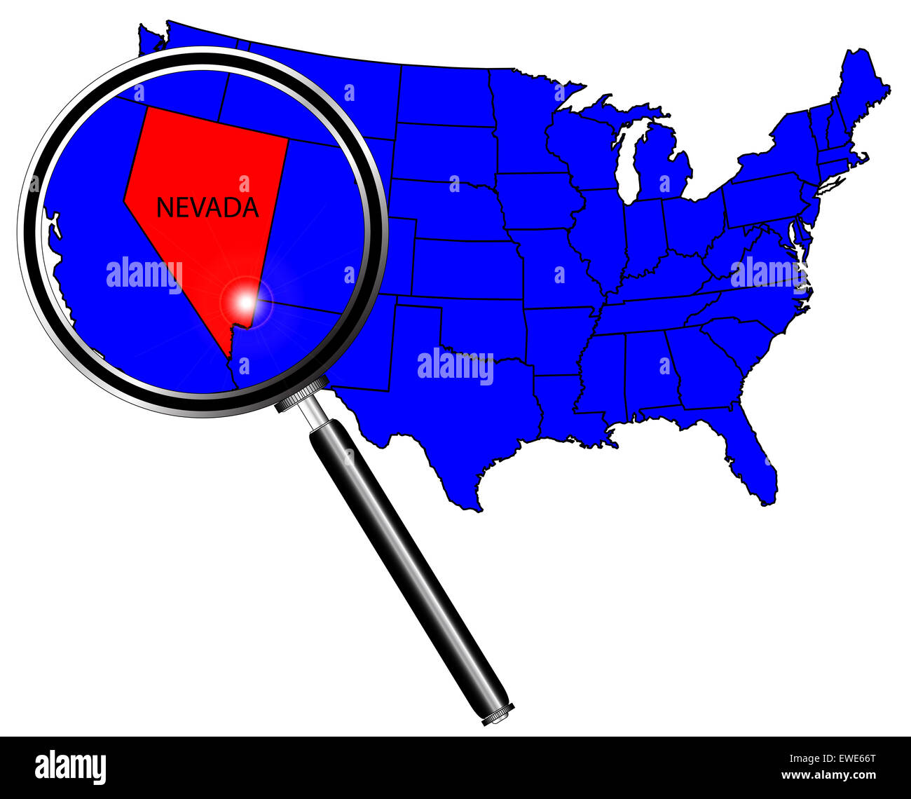 Umriss des Bundesstaates Nevada gesetzt in einer Karte der Vereinigten Staaten von Amerika unter der Lupe Stockfoto