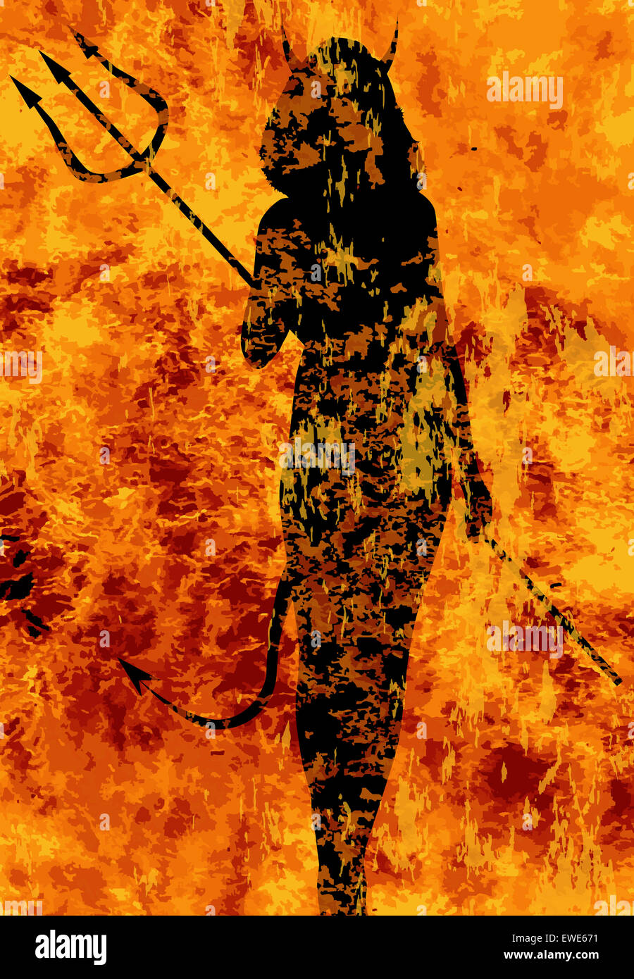 Eine Teufel-Frau zu Fuß durch die Feuer der Hölle Stockfoto