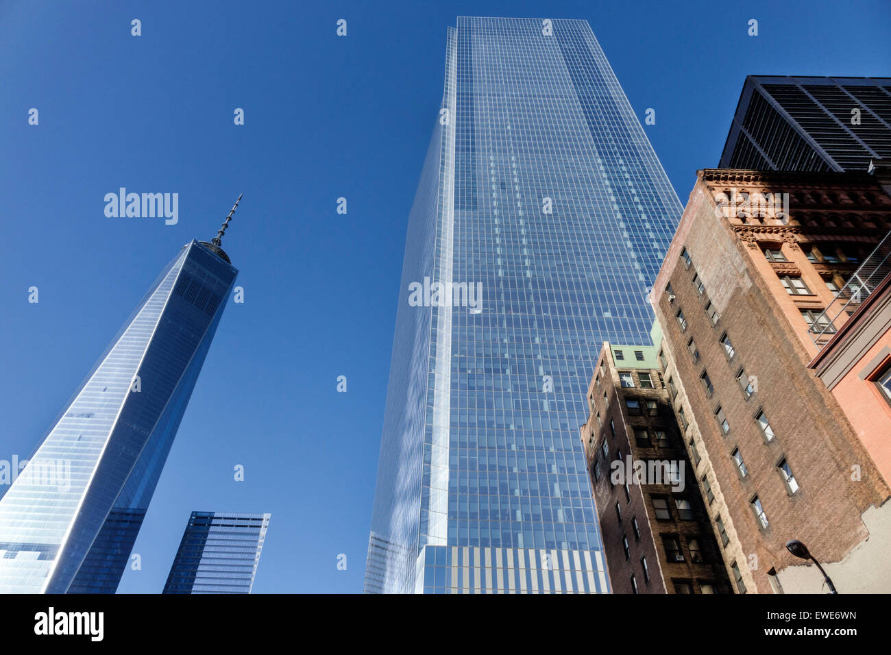 New York City, NY NYC, Manhattan, Lower, Finanzviertel, One World Trade Center, Zentrum, vier Hochhäuser Wolkenkratzer Gebäude Wolkenkratzer Stockfoto