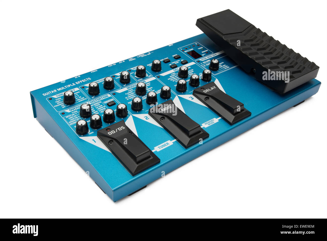 Blau, Stock-basierte multieffektprozessor Für Gitarren gegen einen weißen Hintergrund isoliert Stockfoto