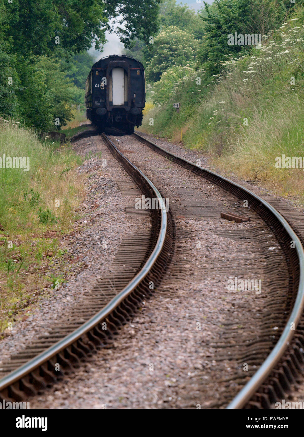 Zurück von einem Zug entlang der Strecke auf der West Somerset Erbe verschwinden Dampf Eisenbahn zwischen Watchet und Washford, UK Stockfoto