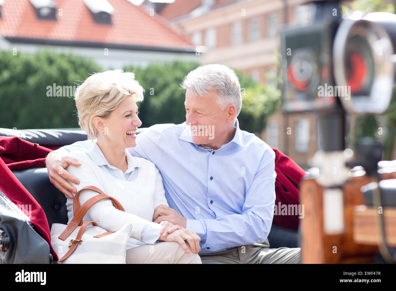 Romantisches Paar mittleren Alters sitzen im Pferdewagen Stockfoto