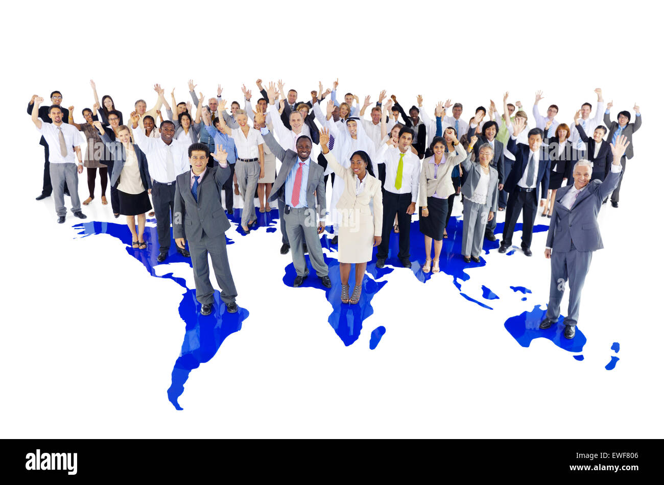 Gruppe von multi-ethnischen Geschäftskollegen stehend auf einer Welt als Kartenhintergrund. Stockfoto