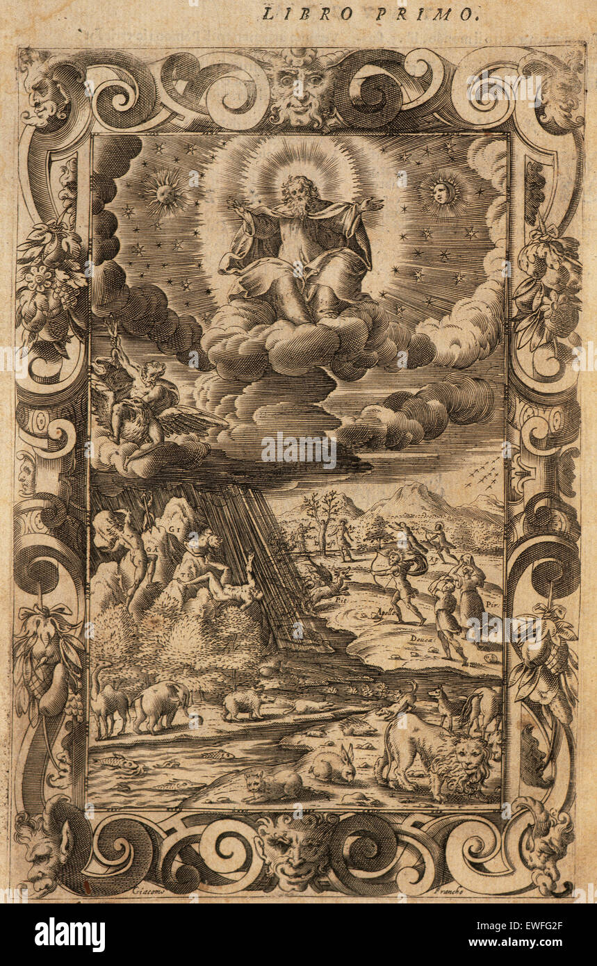 Ovid (Publius Ovidius Naso) (43 v. Chr. - 17 n. Chr.). Lateinische Dichter. 2-20:00 Metamorphosen. Buch I. Gravur Darstellung der Schöpfung, die Schlacht der Giganten, Decaulion und Pyrrha die Schlange und Apollo. Italienische Ausgabe. Venedig, 1584. Stockfoto