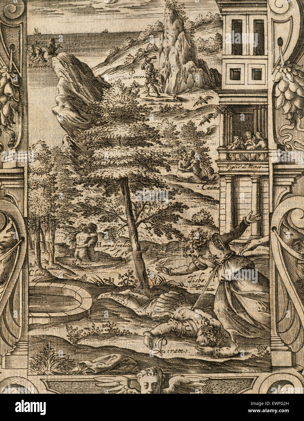 (Publius Ovidius Naso Ovid (43 V.chr.-17 N.chr.). lateinische Dichter. Metamorphosen 2-8 ad. Buch iv. kupferstich mit der Darstellung der Tod des Pyramus und Thisbe. italienische Ausgabe. Venedig, 1584. Stockfoto