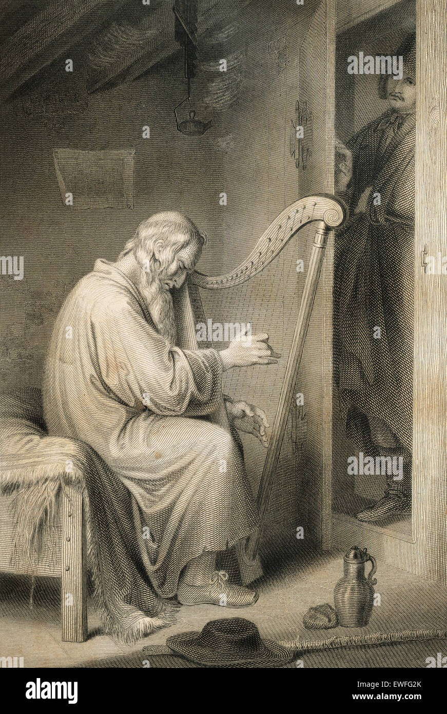 Johann Wolfgang von Goethe (1749-1832). Deutscher Schriftsteller. Wilhelm Meister Lehre. Buch II. Kapitel XIII. Gravur Darstellung Alter Mann spielt Harfe. Ausgabe von 1837. Stockfoto