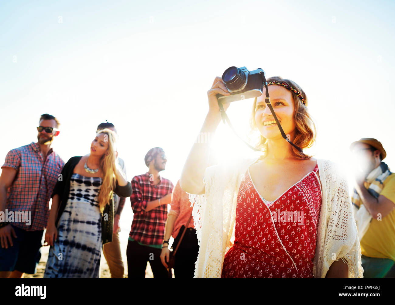 Freundschaft-Fotografie-Entspannung-Sommer-Strand-Glück-Konzept Stockfoto