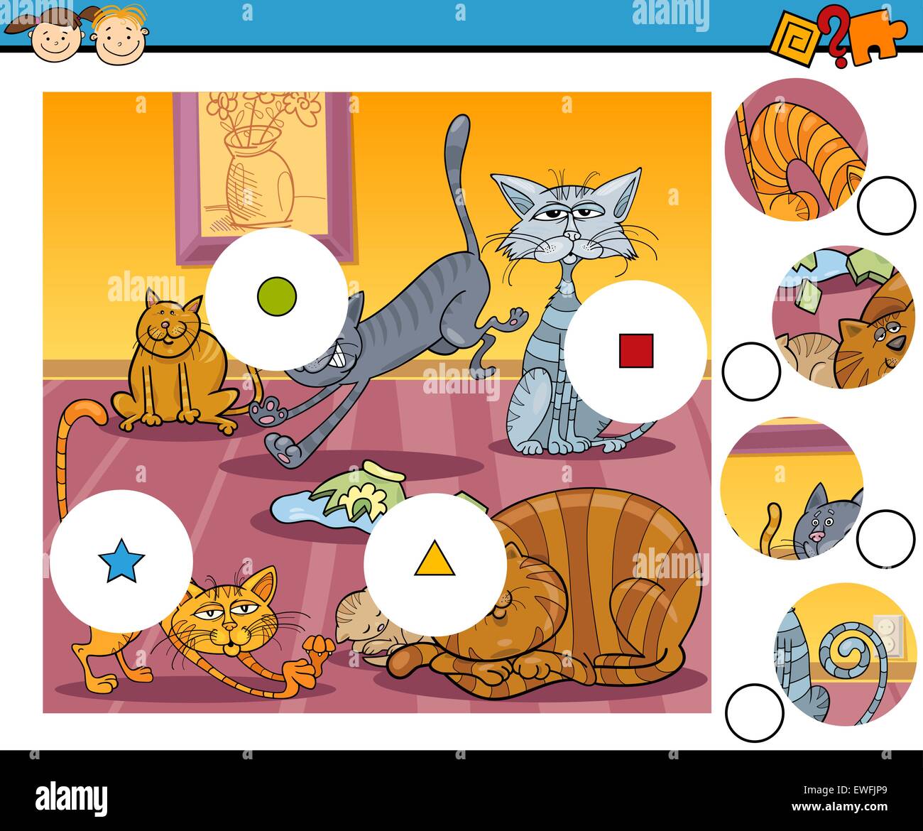 Cartoon Illustration der Übereinstimmung der Stücke-Lernspiel für Kinder im Vorschulalter mit Katzen Figuren Stock Vektor