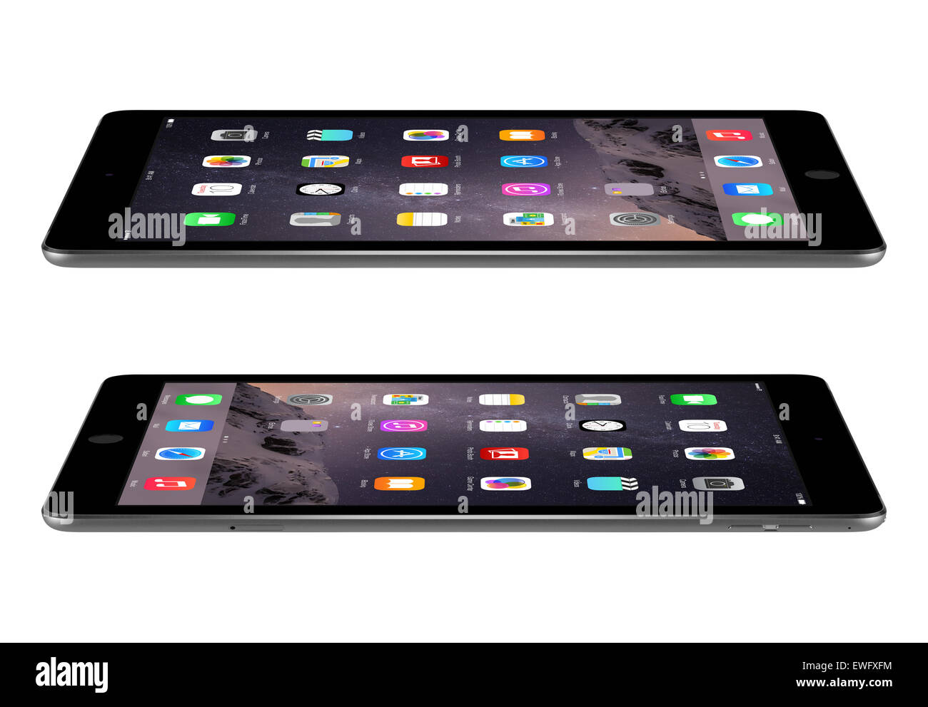 Varna, Bulgarien - 3. Februar 2014: Space Grau Apple iPad Air 2 mit Touch ID Anzeige iOS 8 Homescreen liegt auf der Oberfläche. Stockfoto