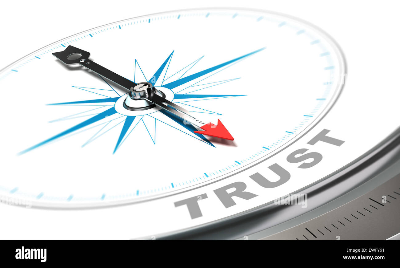Kompass mit Nadel zeigt die Wort vertrauen, Vertrauen auf weißem Hintergrund. Stockfoto