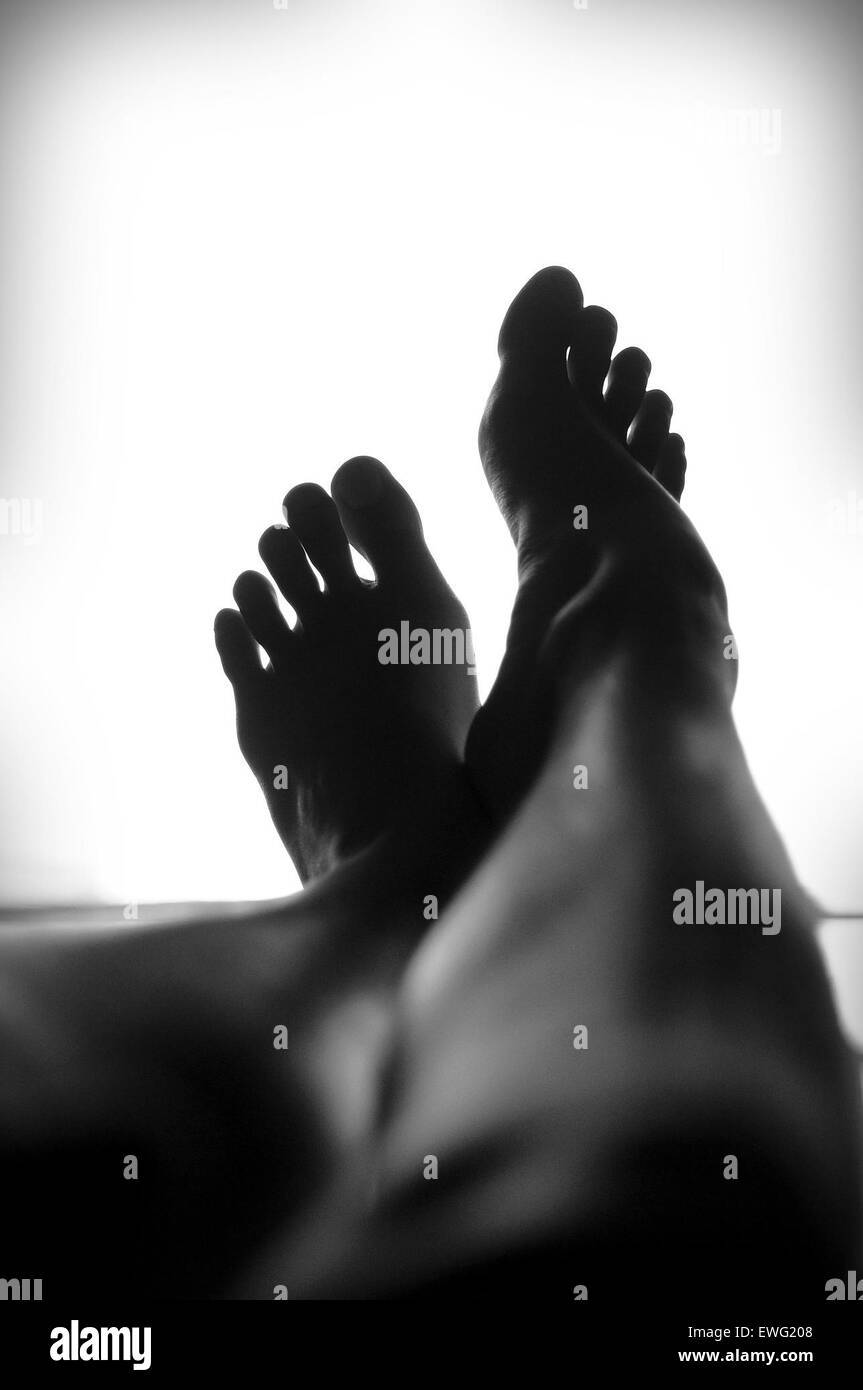 Silhouette der zwei Füße und Zehen Knöchel minimalistisch Schienbeine Silhouette weißer Hintergrund schwarz und weiß Füße Beine monochrome Zehen Stockfoto