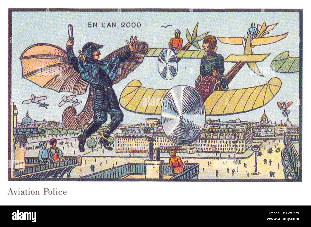 Luftfahrt-Polizei Frankreich in das Jahr 2000 futuristische Illustration Jean-Marc Côté Vintage Illustration futuristische Abbildung Stockfoto