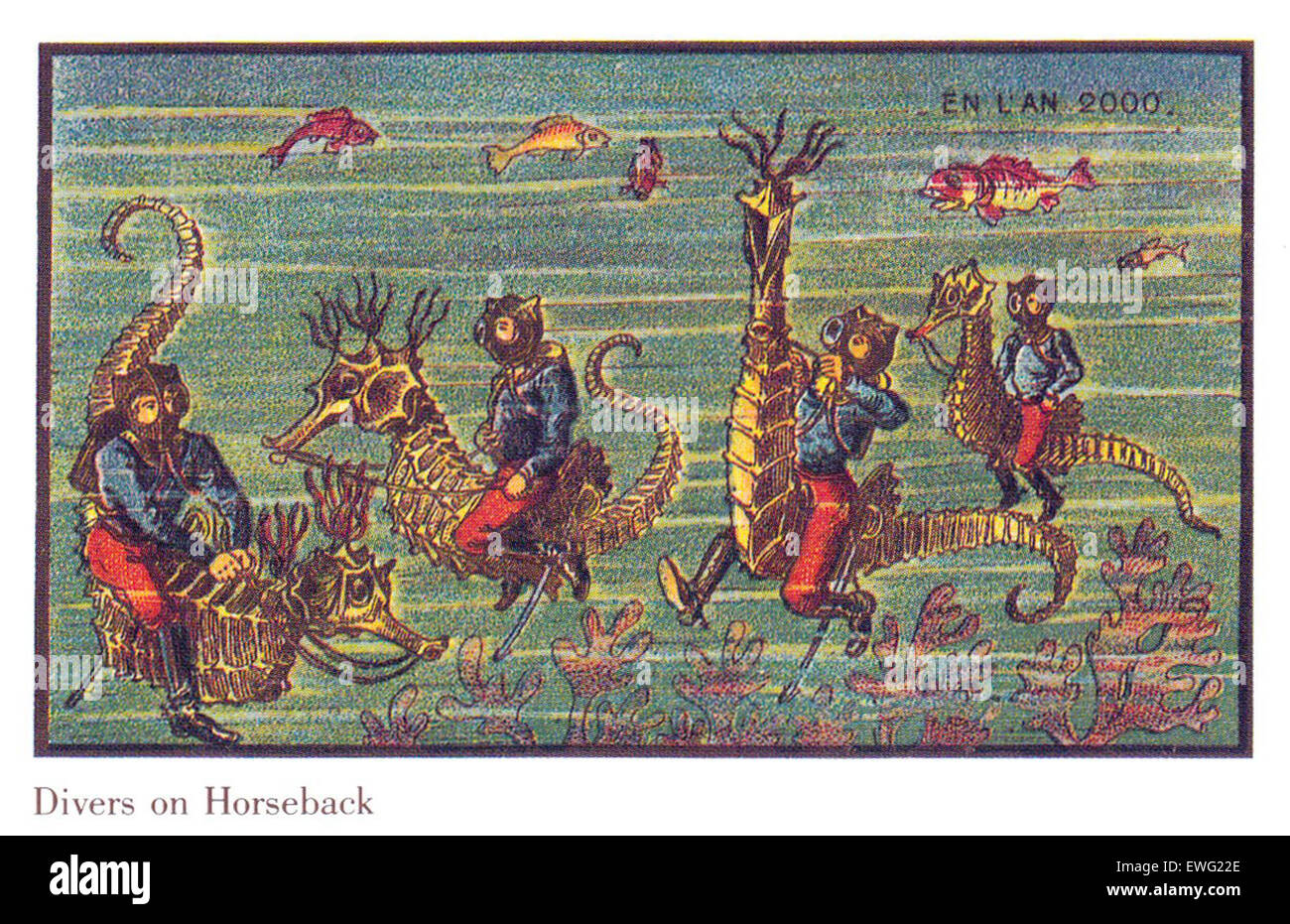 Eine Vintage-Illustration, die eine futuristische Vision Frankreichs im Jahr 2000 darstellt und fortschrittliche Technologie, futuristische Autos und hoch aufragende Gebäude zeigt. Die Illustration fängt die Vorstellungskraft einer Zukunft ein, in der Städte durch moderne Verkehrsmittel und Architektur verwandelt werden. Stockfoto