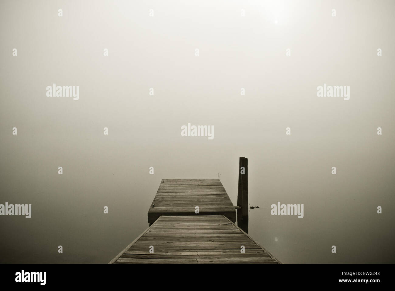 Holzsteg führt in Nebel bedeckt See Stockfoto