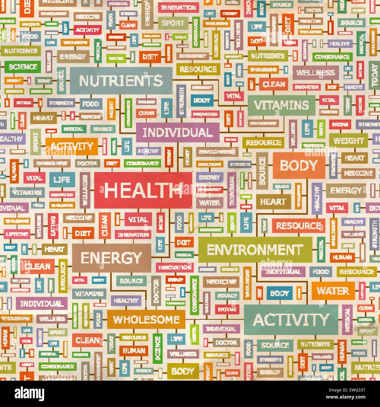 GESUNDHEIT. Nahtlose Muster. Konzept verwandte Wörter in Tag-Cloud. Konzeptionelle Info-Text Grafik. Wort-Collage. Stock Vektor