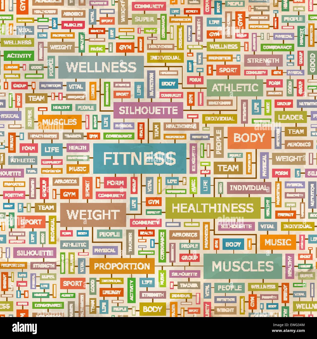 FITNESS. Nahtlose Muster. Konzept verwandte Wörter in Tag-Cloud. Konzeptionelle Info-Text Grafik. Wort-Collage. Stock Vektor