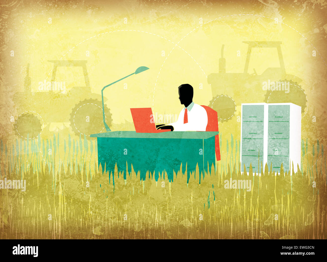 Abbildung Bild der Geschäftsmann mit Laptop im landwirtschaftlichen Bereich Stockfoto