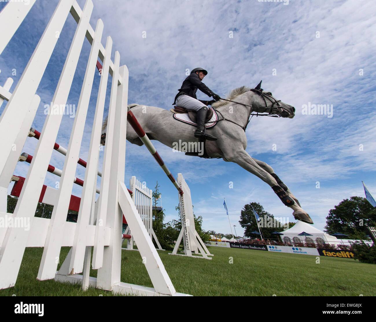 Hickstead, UK. 25. Juni 2015. Guy WILLIAMS [GBR] Reiten DEPARDIEU VAN T KIEZELHOF gewinnt die Bunn Leisure Derby Tankard. Die großen internationalen Klasse in der internationalen Arena am ersten Tag des Equestrian.Com Hickstead Derby treffen.  Stephen Bartholomäus/Stephen Bartholomäus Fotografie. Bildnachweis: Stephen Bartholomäus/Alamy Live-Nachrichten Stockfoto