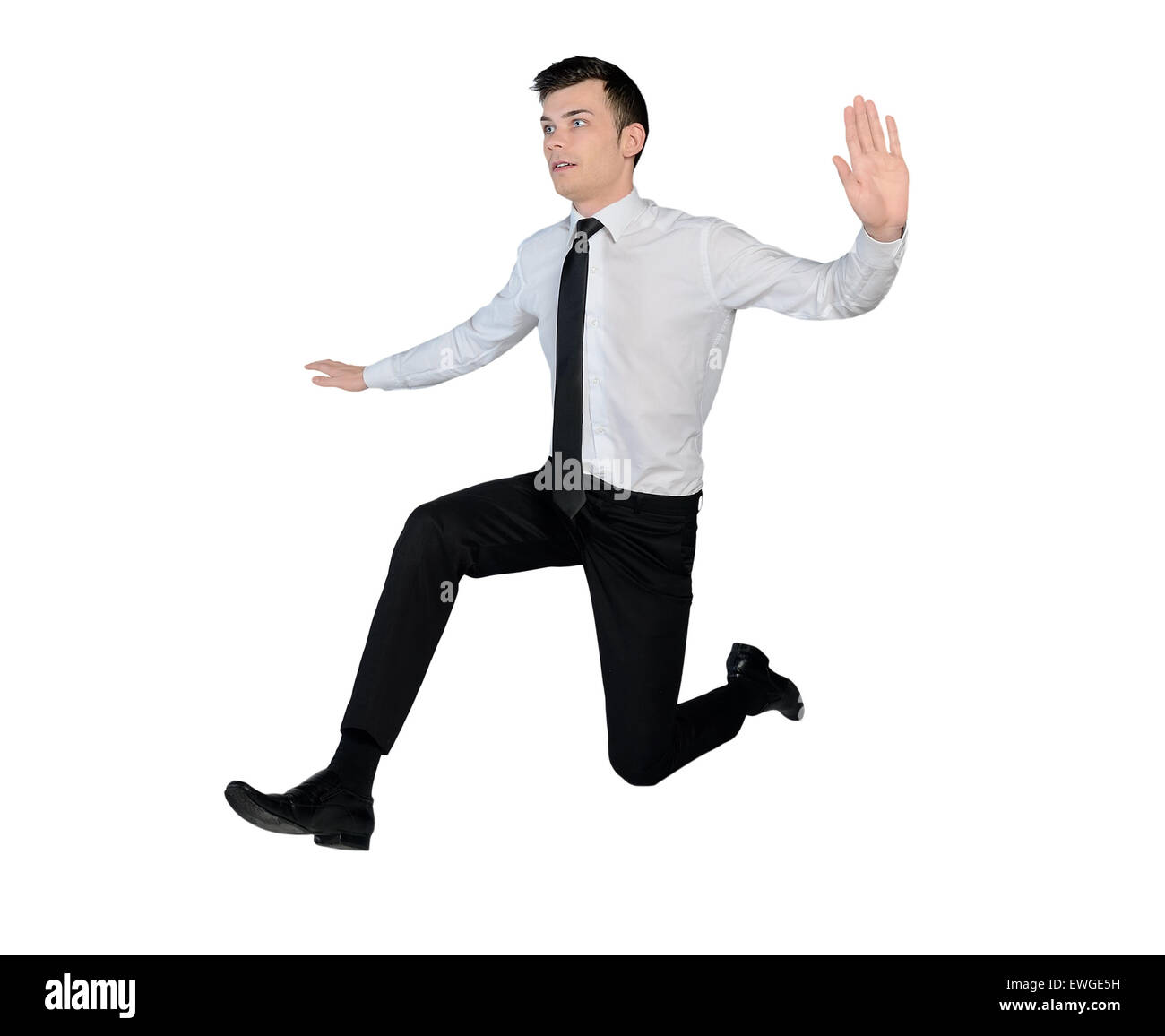 Isolierte Geschäftsmann springen Seite Stockfoto