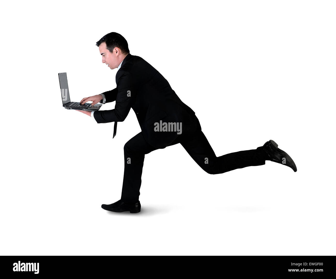 Isolierte Geschäftsmann laufen mit laptop Stockfoto