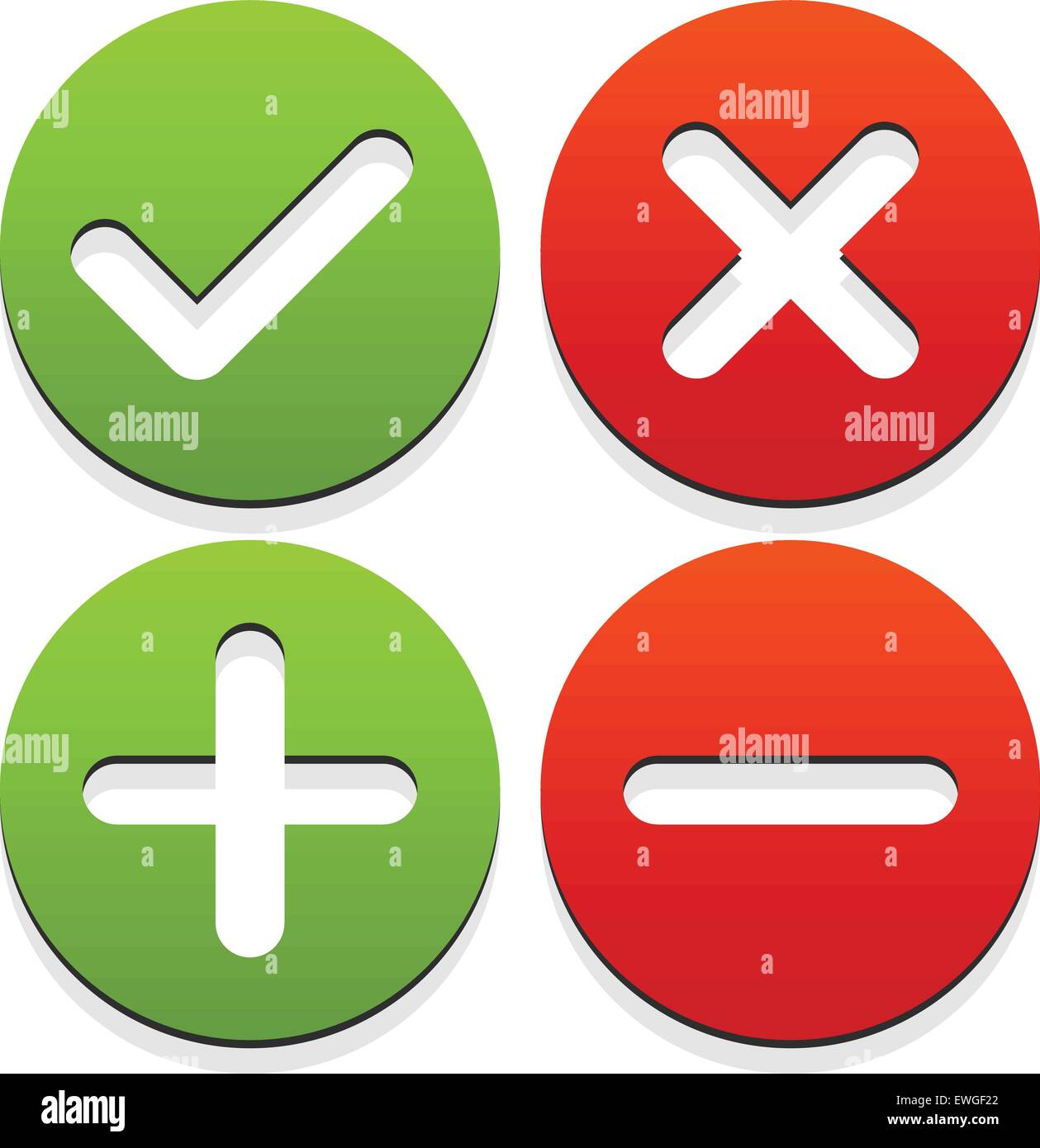 Satz von 4 Symbole mit Häkchen, Kreuz und plus, Minus-Zeichen Stock ...