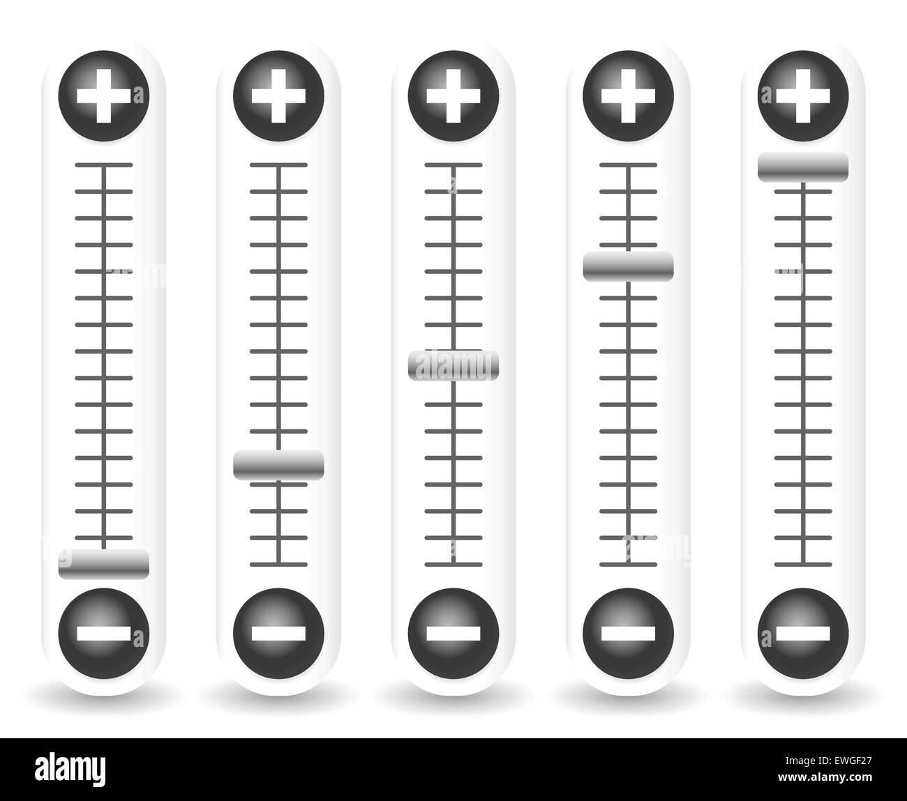 Schieber mit Plus, Minus-Zeichen. Einstellen, Kalibrierungselemente / Vorlage. Stock Vektor