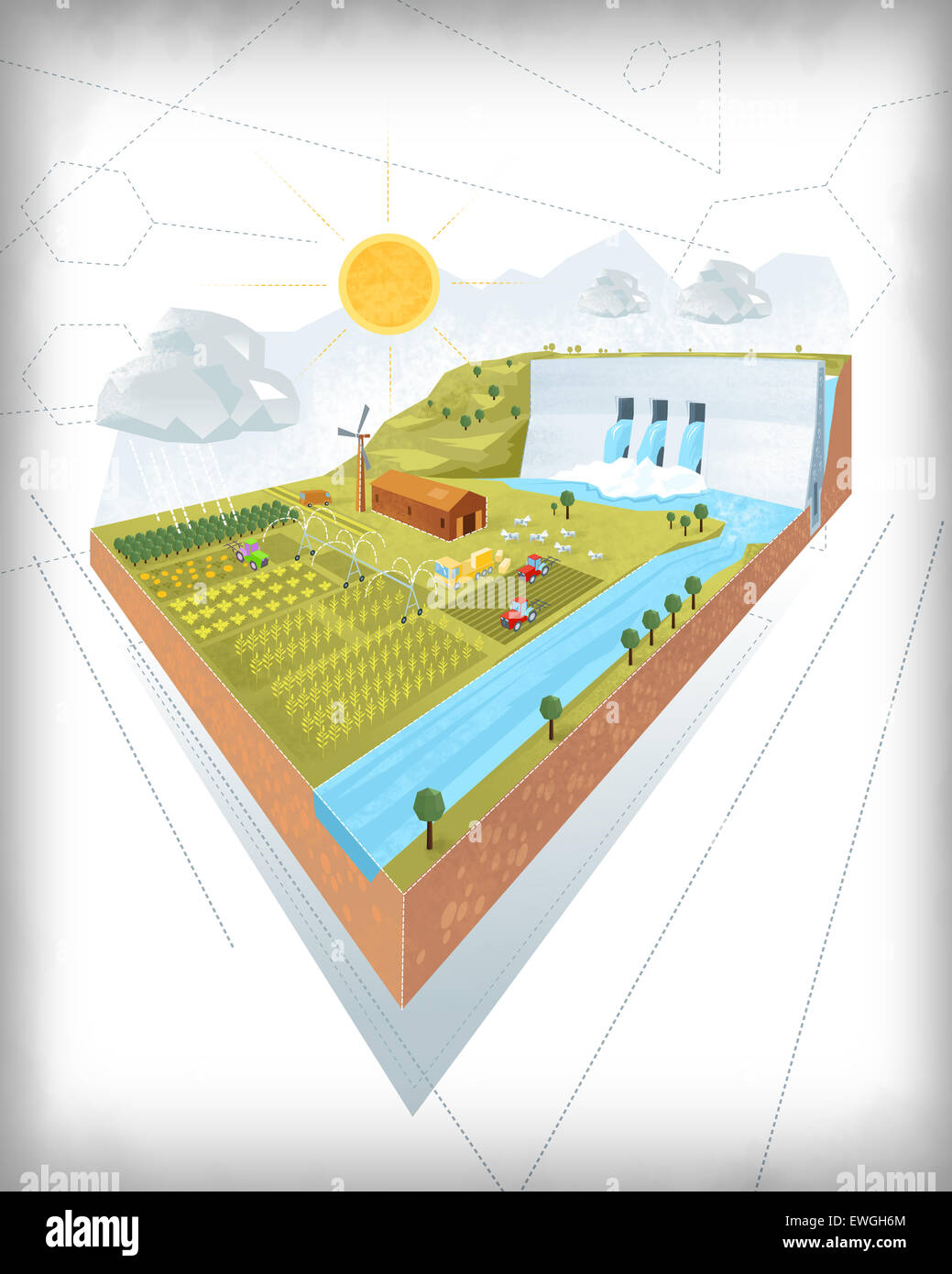 3D-Konstruktion von dam und Bewässerung-Projekt auf weißem Hintergrund Stockfoto