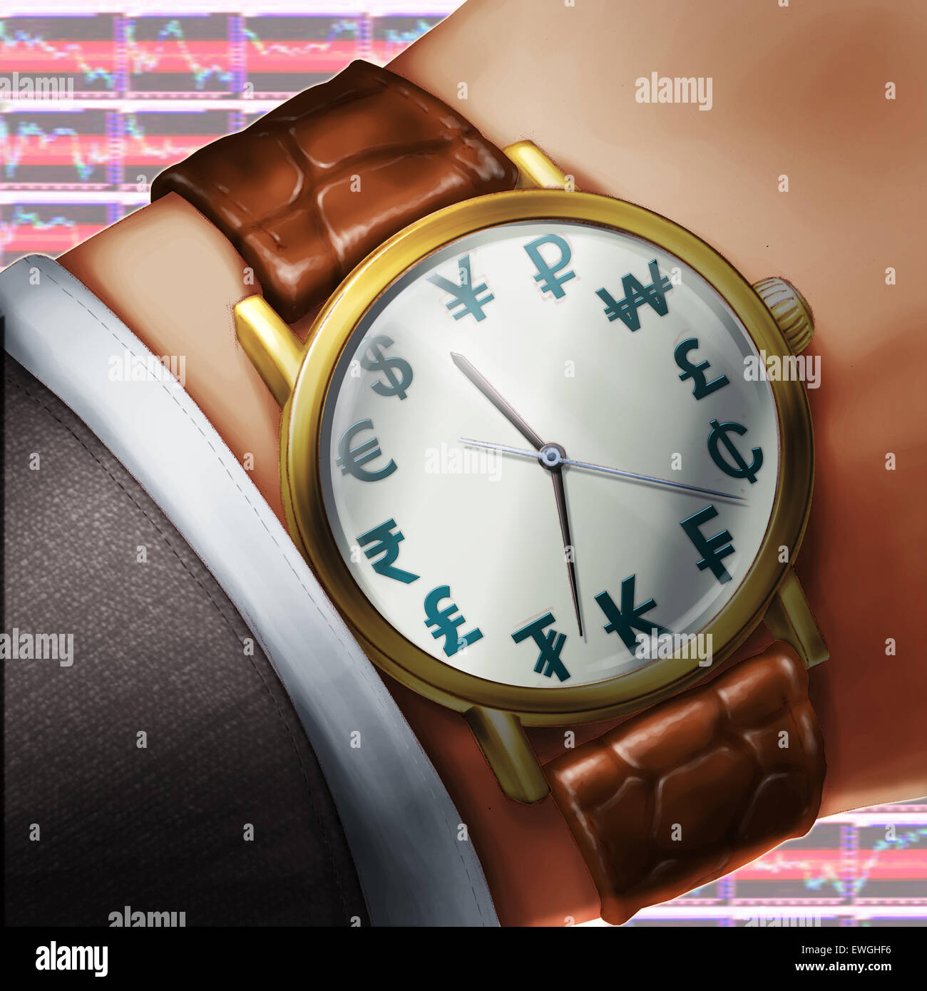 "Zeit ist Geld" Uhr Konzept des internationalen Währungssymbols Stockfoto