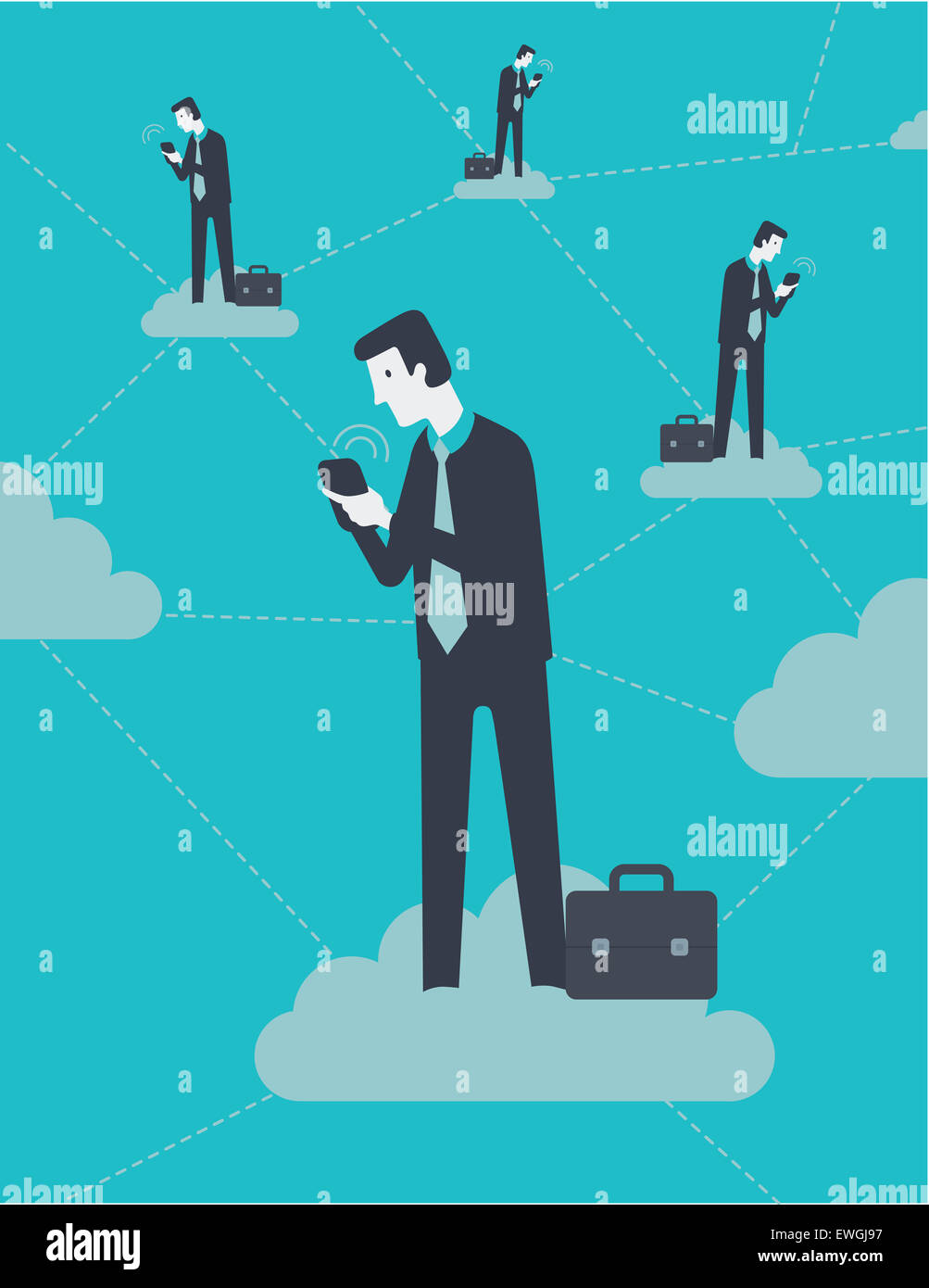 Geschäftsleute, die Arbeiten am Handy miteinander verbunden durch cloud-computing Stockfoto