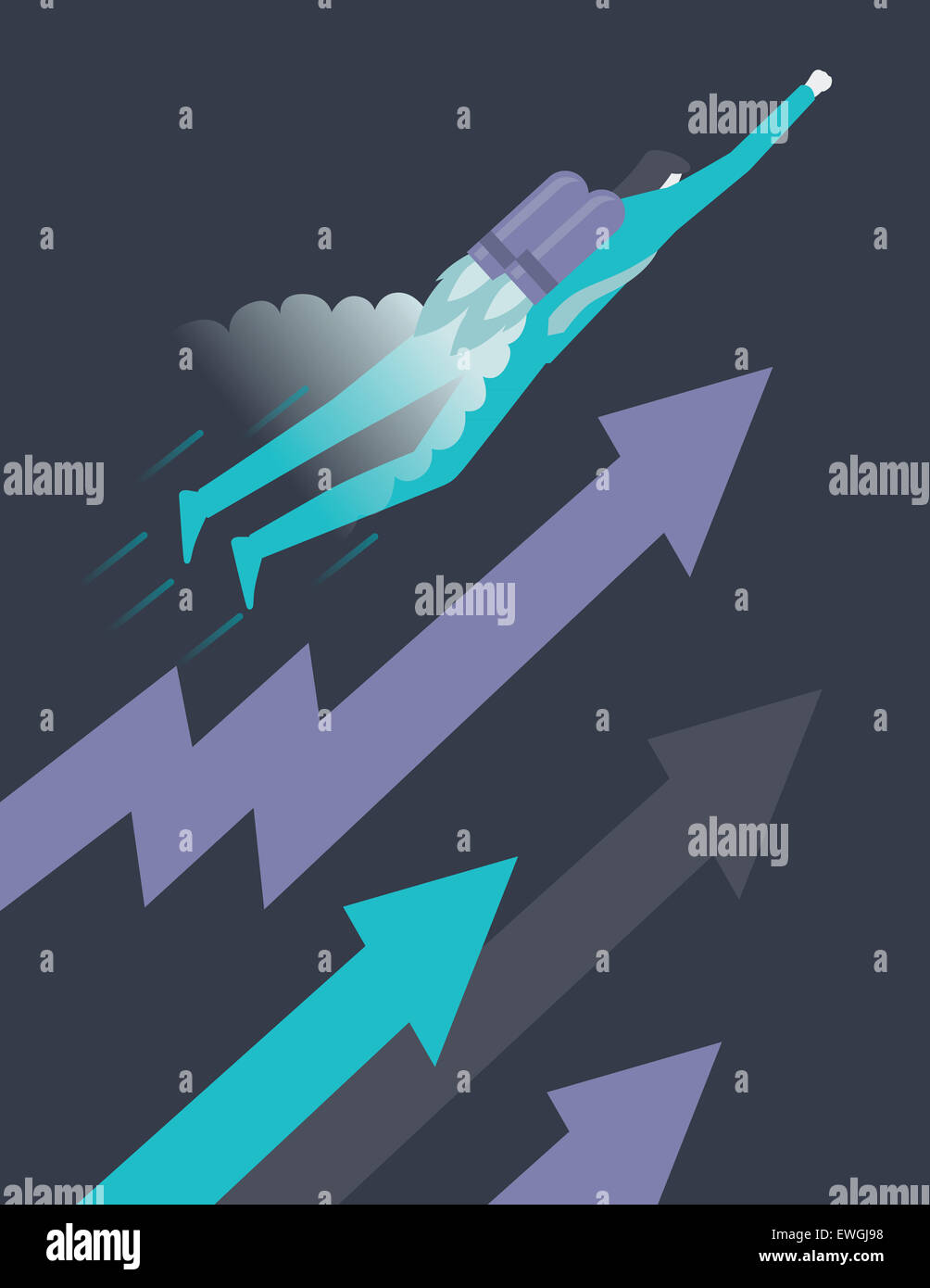 Super-Rakete Geschäftsmann Beschleunigung hoch in den Himmel als Konzept des Wachstums Stockfoto