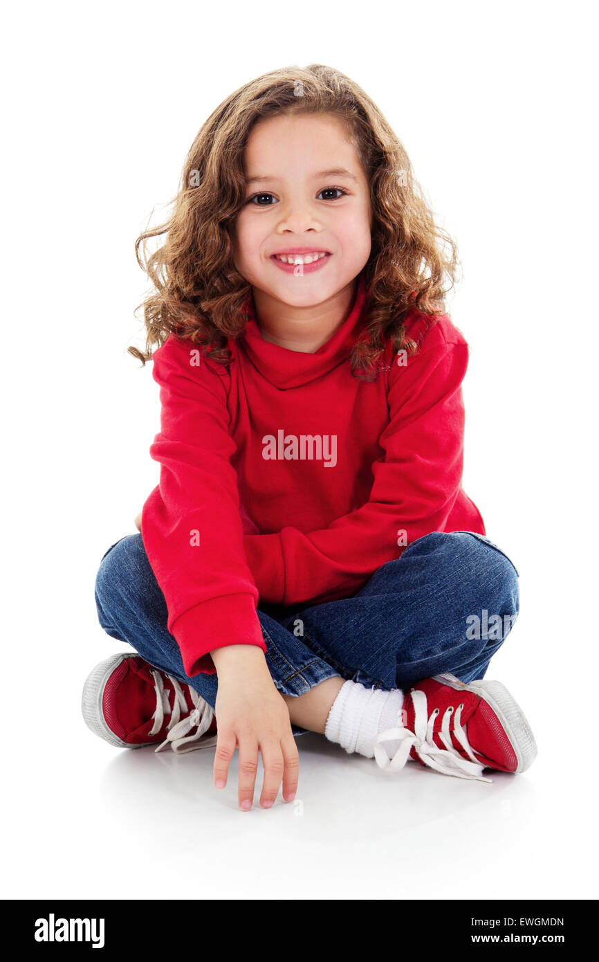 Abbildung des niedliche kleine Mädchen lächelnd, isoliert auf weiss mit Schatten auf Boden Stockfoto
