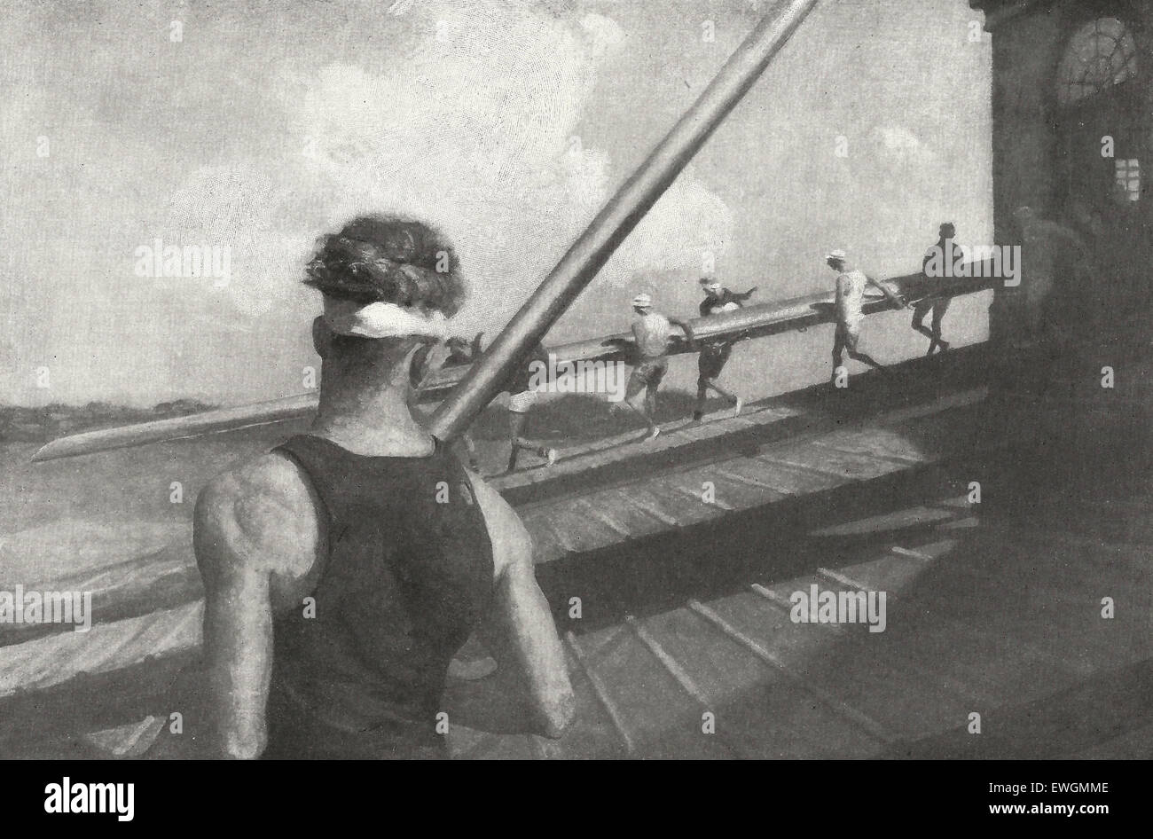 Genau jetzt, Männer.  Die Uni acht tragen ihre Schale, die Schwimmer, College Rudern, ca. 1916 Stockfoto